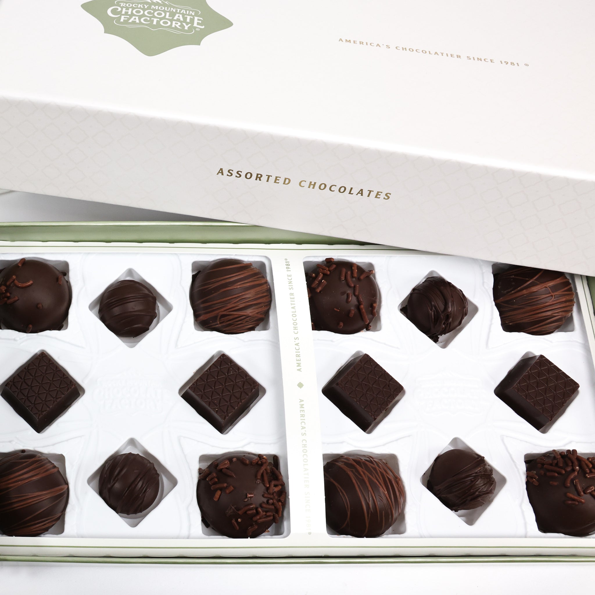 Assorted boxed chocolates, Rocky Mountain Chocolate Factory, Pure Noir Dark Chocolate