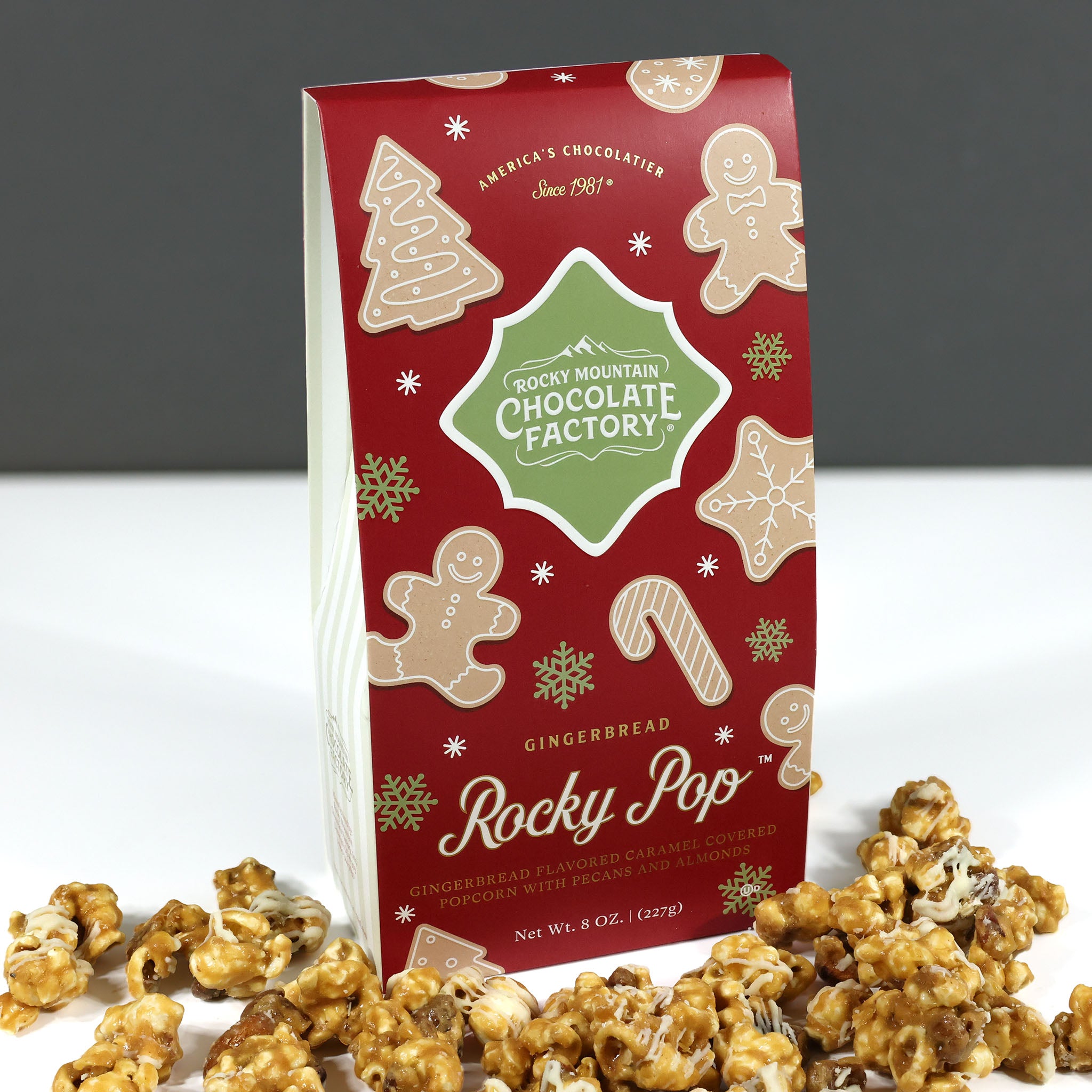 Gingerbread Rocky Pop packaging front and popcorn