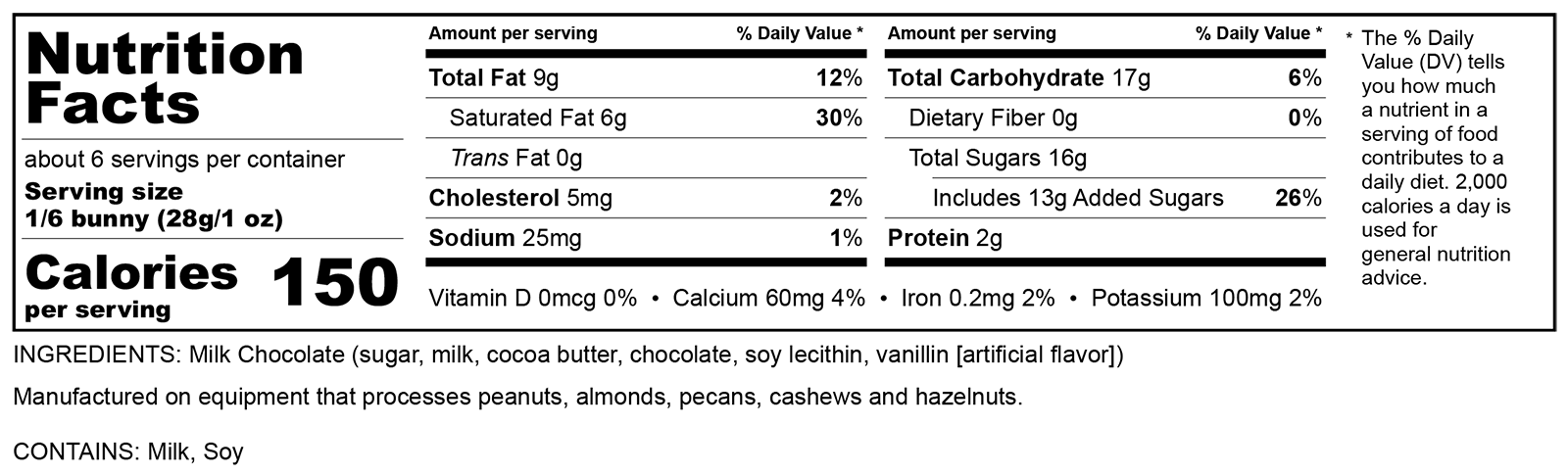 Nutrition Label 6oz Foiled Bunny Milk 775-750-00106
