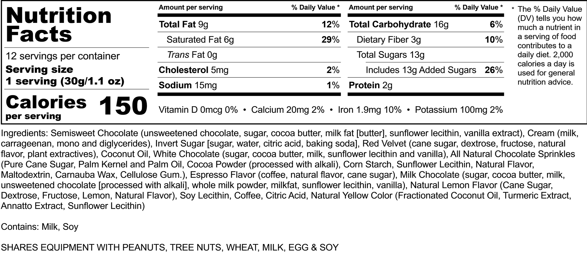 Pure Noir  Nutrition Label, Rocky Mountain Chocolate Factory