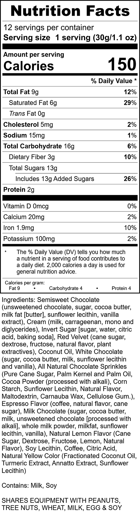 Pure Noir  Nutrition Label, Rocky Mountain Chocolate Factory