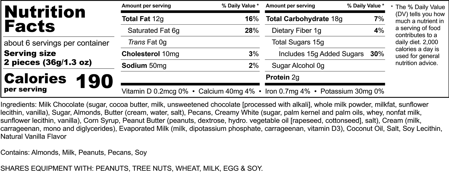Rocky Mountain Favorites Nutrition Label, Rocky Mountain Chocolate Factory