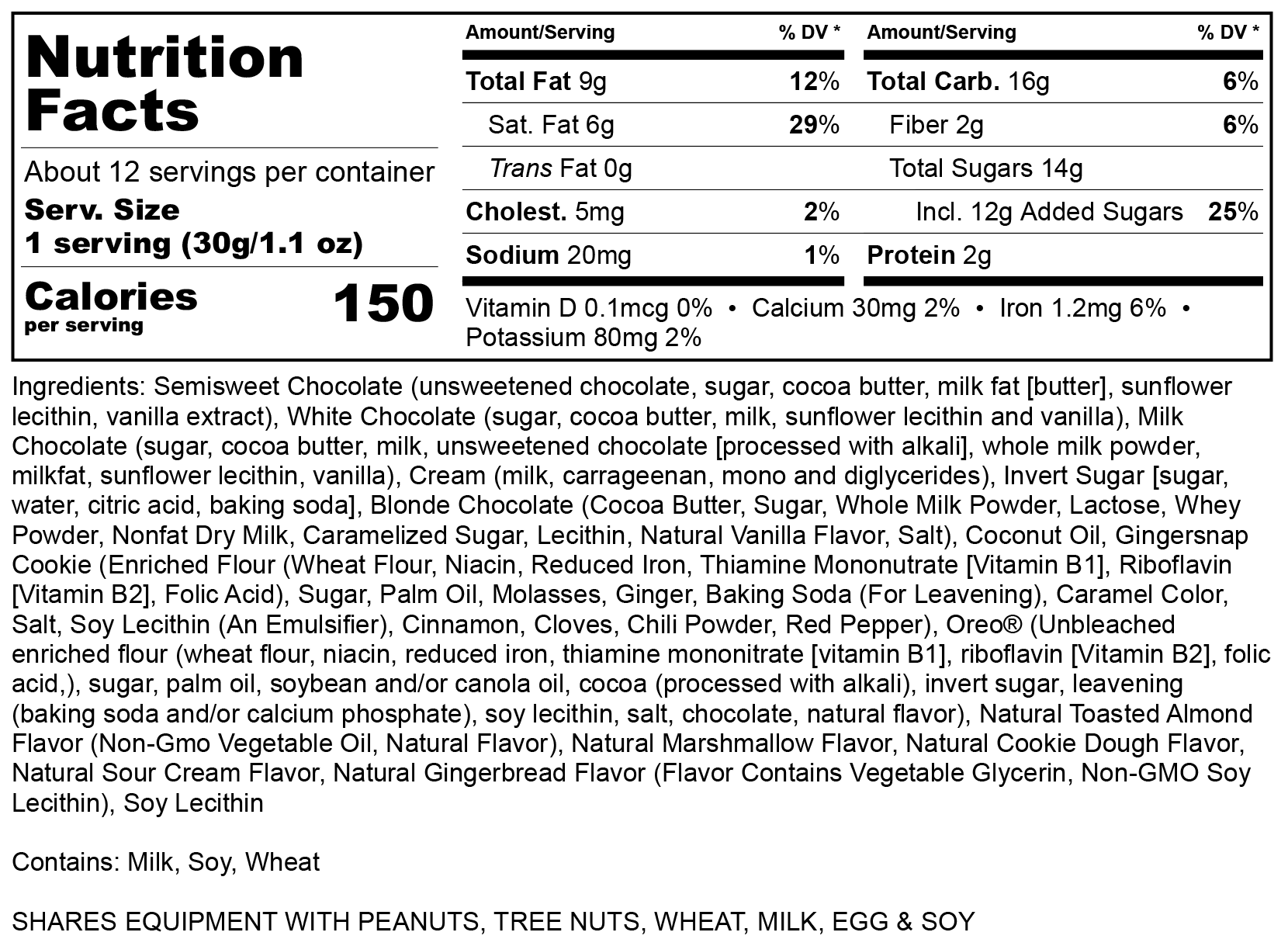 Nutritional label for Santa's Cookies boxed assortment