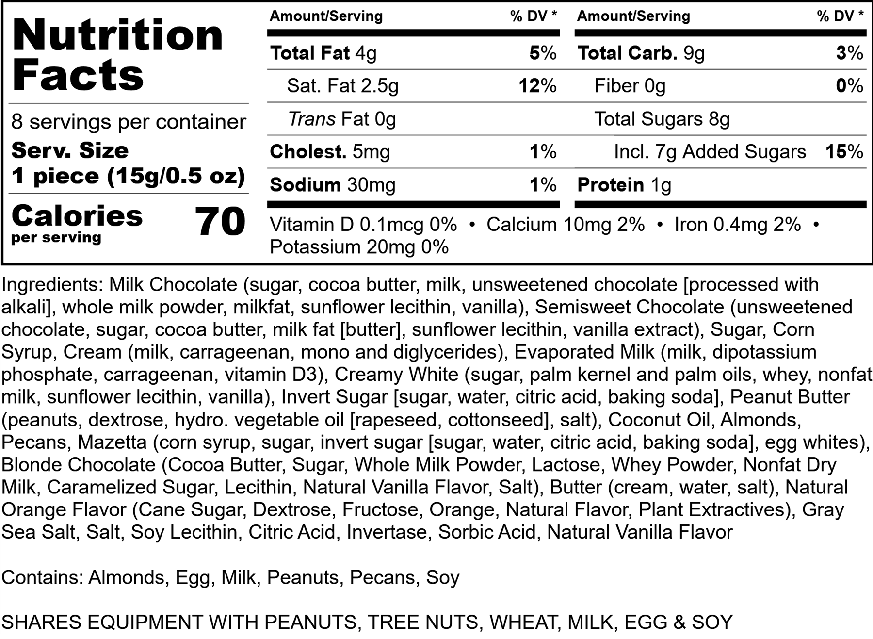 Nutritional label for Founder’s Select boxed assortment