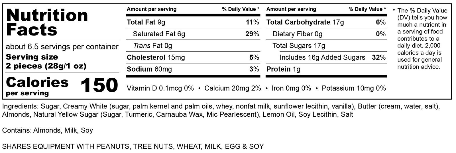 Nutritional Label Lemon Bar Toffee Bag 575-430-0417