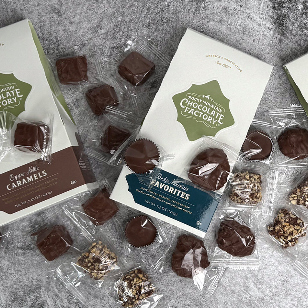 Boxed totes, grab and go convenience, Rocky Mountain Chocolate Factory