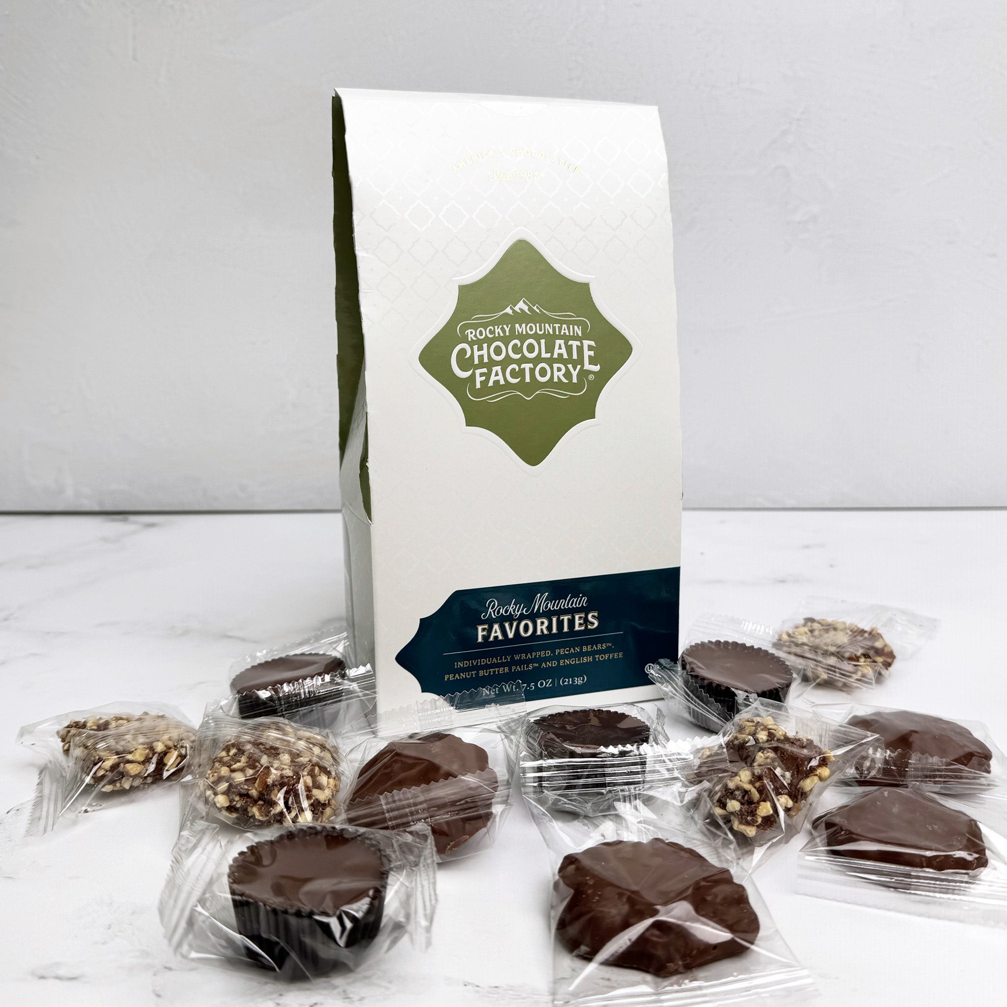 Individually wrapped Pecan Bears™, Peanut Butter Pails™, and English Toffee nuggets, by Rocky Mountain Chocolate Factory
